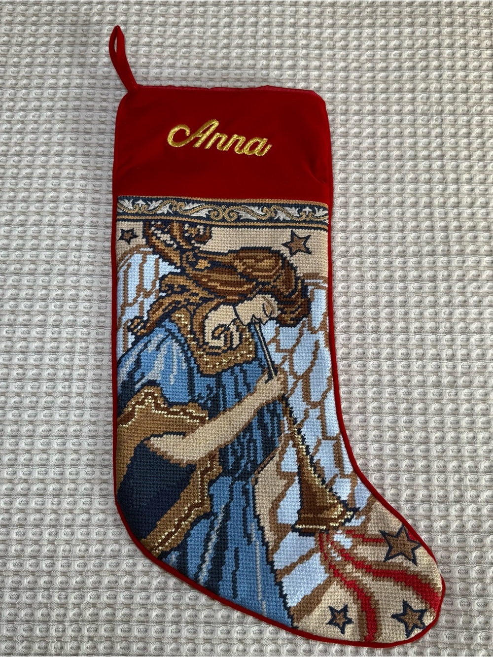 Needlepoint Angel Red Velvet Anna Embroidery Christmas Stocking Holiday